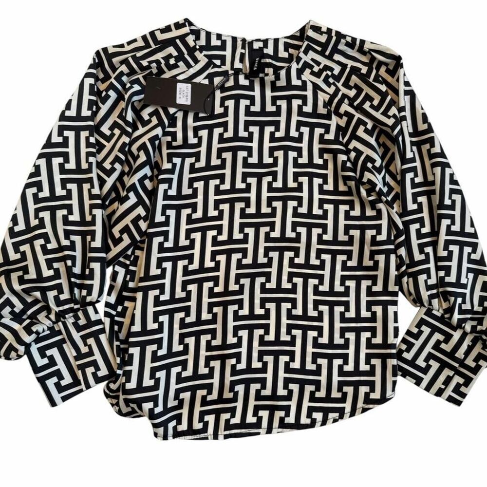 Venti6 black and beige geometric pattern blouse with long sleeves